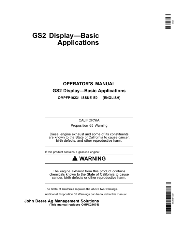 John Deere GS2 Display – Basic Applications Greenstar 2100, 2600 Operator’s Manual (OMPFP10231) Workshop Guide