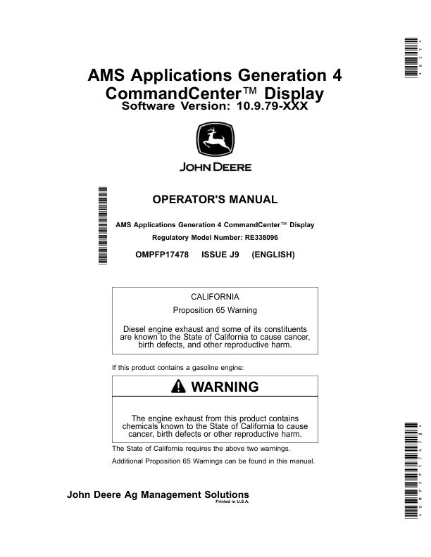 John Deere AMS Applications Generation 4 CommandCenter Display (Software Version: 10.9.79-XXX) Operator’s Manual (OMPFP17478) Workshop Guide