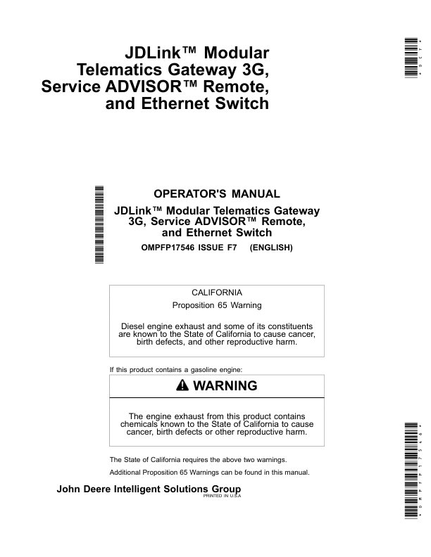 John Deere JDLink Modular Telematics Gateway3G, Service ADVISOR Remote & Ethernet Switch Operator’s Manual (OMPFP17546) Workshop Guide
