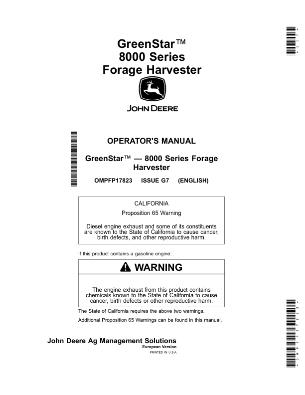 John Deere GreenStar 8000 Series Forage Harvesters Operator’s Manual (OMPFP17823) Workshop Guide