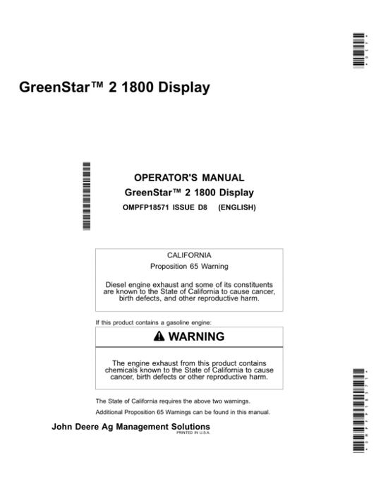 John Deere GreenStar 2 1800 Display Operator’s Manual (OMPFP18571) Workshop Guide