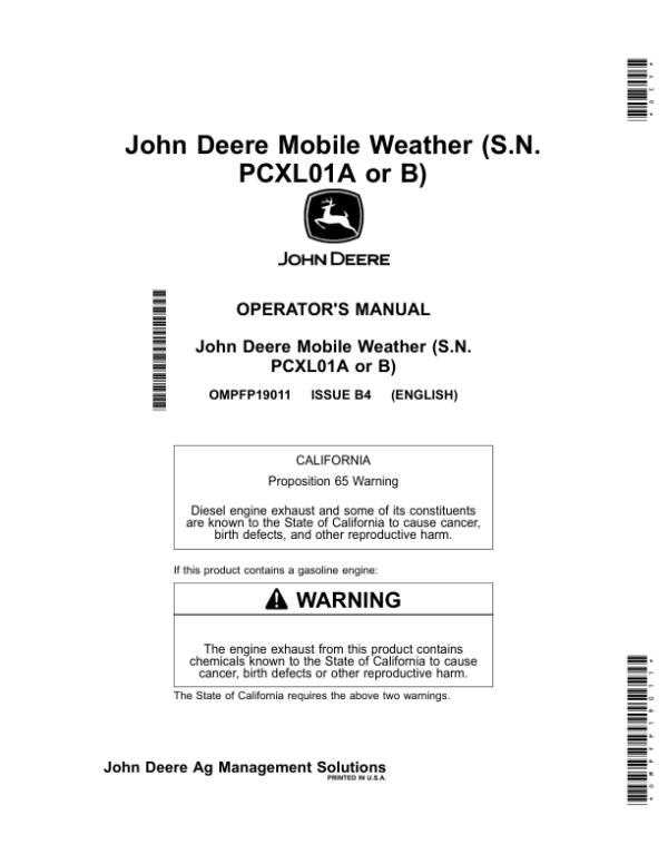John Deere Mobile Weather (S.N. PCXL01A or B) Operator’s Manual (OMPFP19011) Workshop Guide