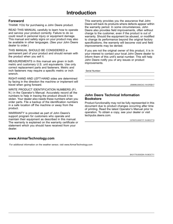 John Deere Mobile Weather (S.N. PCXL01A or B) Operator’s Manual (OMPFP19011) Workshop Guide