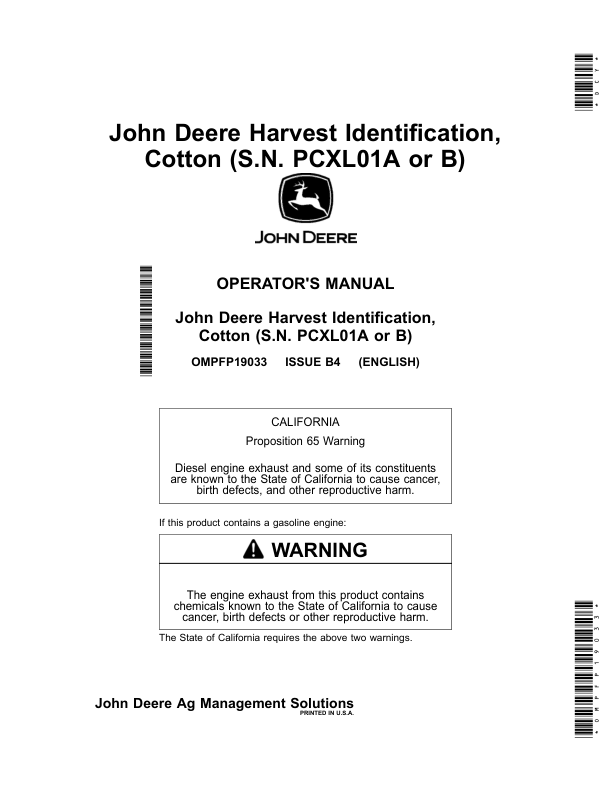 John Deere Harvest Identification, Cotton (S.N. PCXL01A or B) Operator’s Manual (OMPFP19033) Workshop Guide