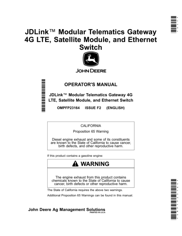 John Deere JDLink Modular Telematics Gateway 4G LTE, Satellite Module, Ethernet Switch Operator’s Manual (OMPFP23164) Workshop Guide