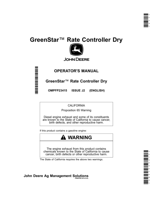 John Deere GreenStar Rate Controller Dry Operator’s Manual (OMPFP23415) Workshop Guide