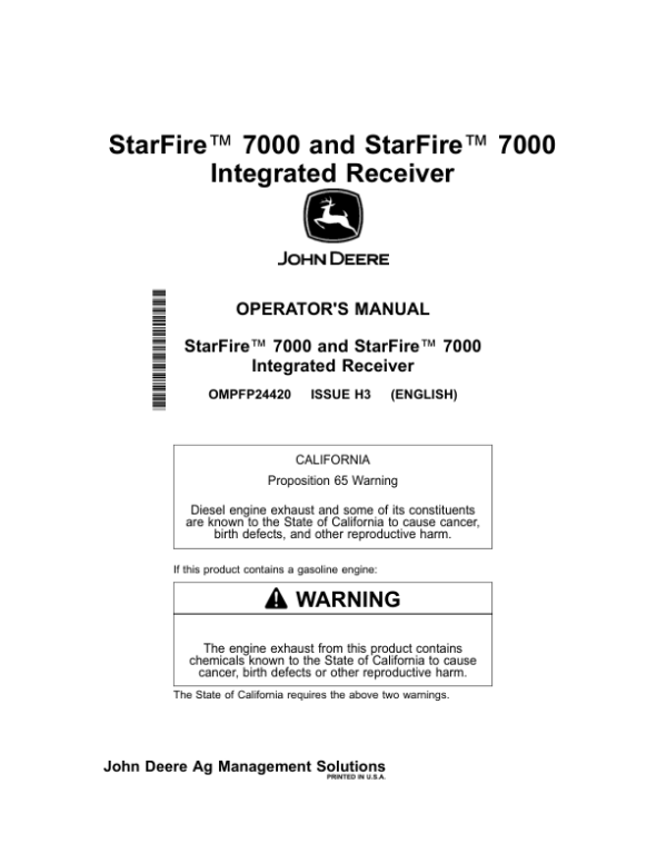 John Deere StarFire 7000, StarFire 7000 Integrated Receiver Operator’s Manual (OMPFP24420) Workshop Guide