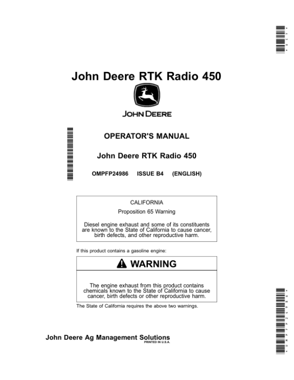 John Deere RTK Radio 450 Operator’s Manual (OMPFP24986) Workshop Guide