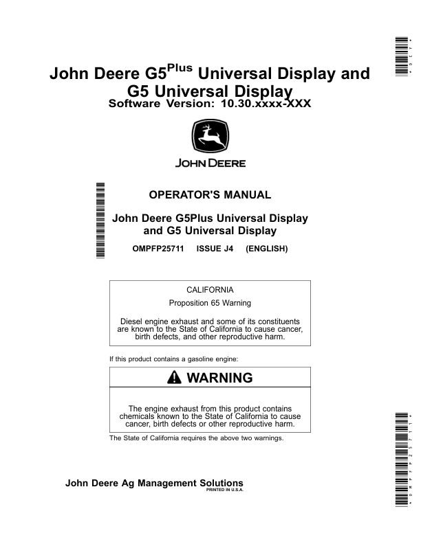 John Deere G5Plus Universal Display, G5 Universal Display Software Version: 10.30.xxxx-XXX Operator’s Manual (OMPFP25711) Workshop Guide