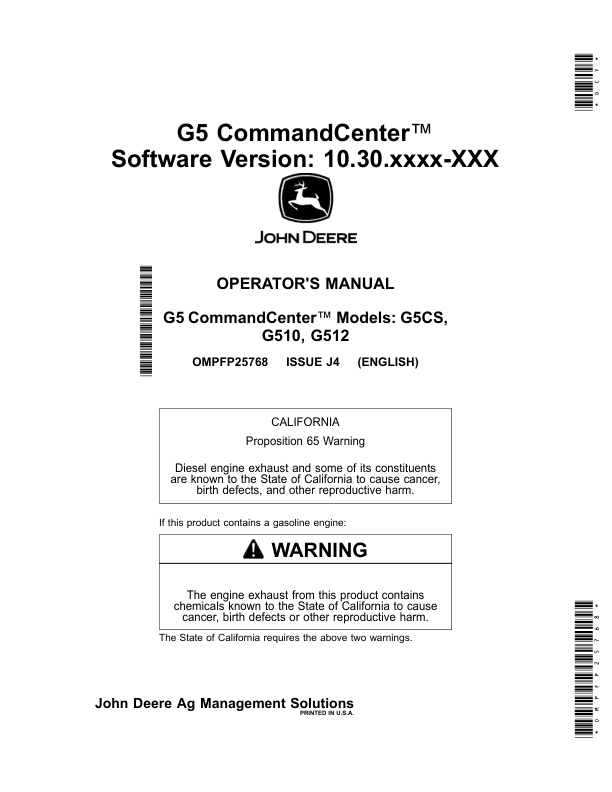 John Deere G5 CommandCenter Software Version: 10.30.xxxx-XXX Operator’s Manual (OMPFP25768) Workshop Guide