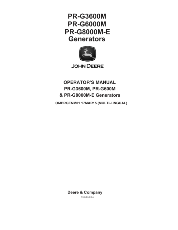 John Deere PR-G3600M, PR-G6000M &PR-G8000M-E Generators Operator’s Manual (OMPRGENM01) Workshop Guide