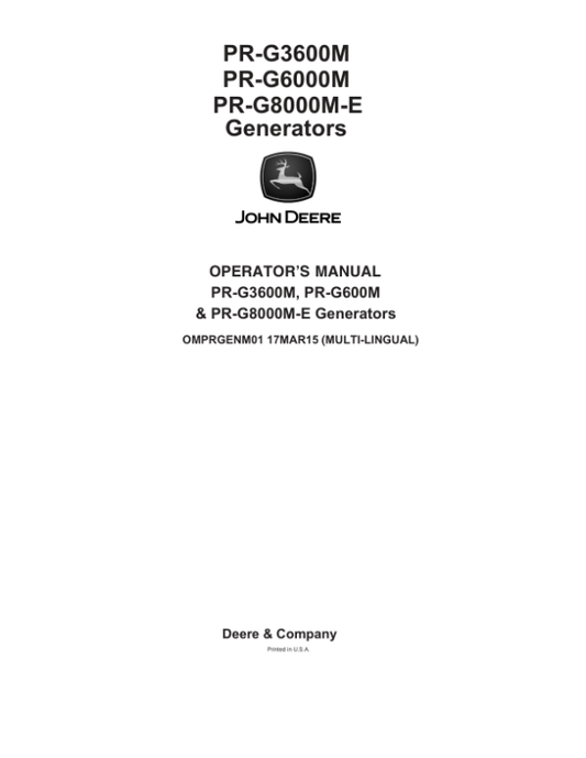 John Deere PR-G3600M, PR-G6000M &PR-G8000M-E Generators Operator’s Manual (OMPRGENM01) Workshop Guide