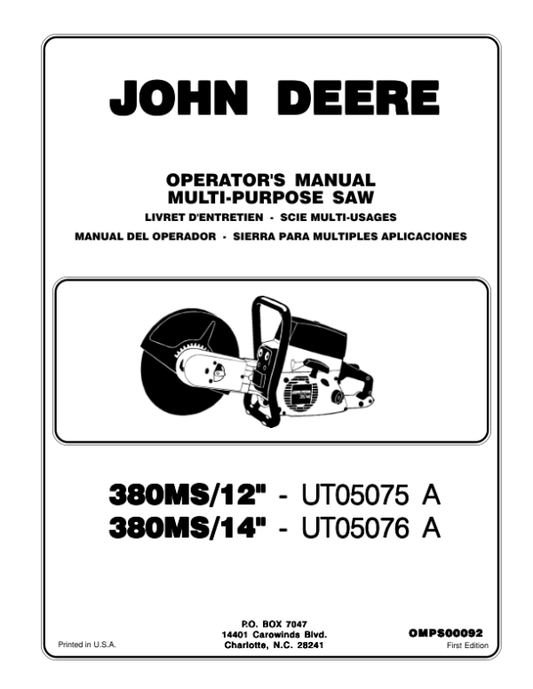 John Deere 380MS/12″ (UT05075A) & 380MS/14″ (UT05076) Multi Purpose Saw Operator’s Manual (OMPS00092) Workshop Guide
