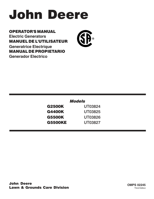 John Deere G2500K, G4400K, G5500K, G5500KE Electric Generators Operator’s Manual (OMPS02245) Workshop Guide