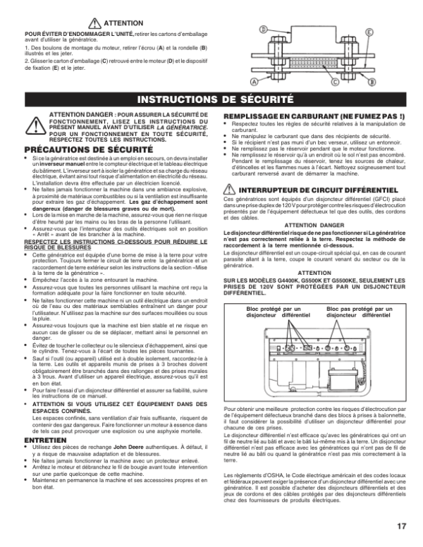 John Deere G2500K, G4400K, G5500K, G5500KE Electric Generators Operator’s Manual (OMPS02245) Workshop Guide