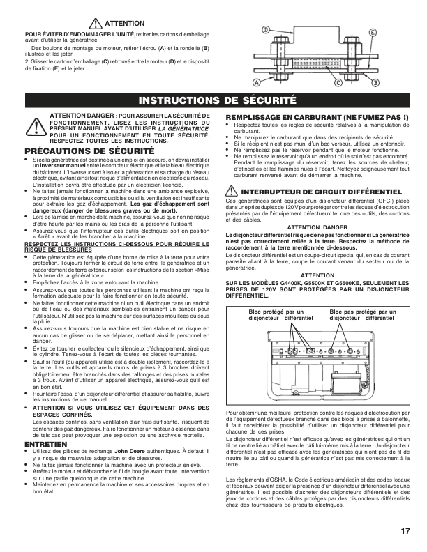 John Deere G2500K, G4400K, G5500K, G5500KE Electric Generators Operator’s Manual (OMPS02245) Workshop Guide