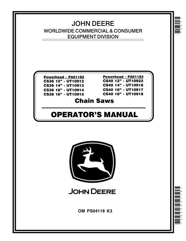 John Deere CS36, CS40 Chain Saws Operator’s Manual (OMPS04118) Workshop Guide