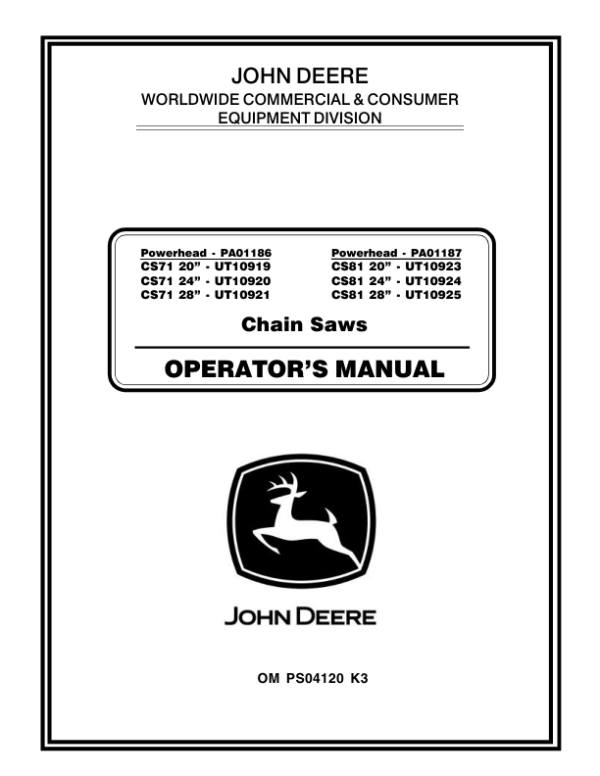 John Deere CS71, CS81 Chain Saws Operator’s Manual (OMPS04120) Workshop Guide