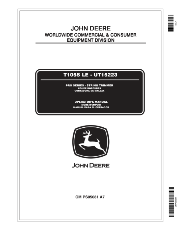 John Deere T105SLE String Trimmer (UT15223) Operator’s Manual (OMPS05081) Workshop Guide