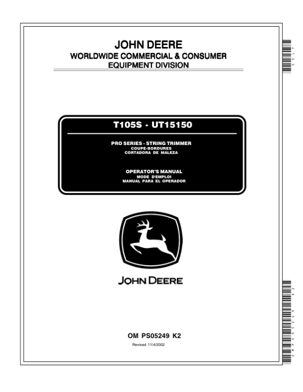 John Deere T105S Pro Series String Trimmer Operator’s Manual (OMPS05249) Workshop Guide