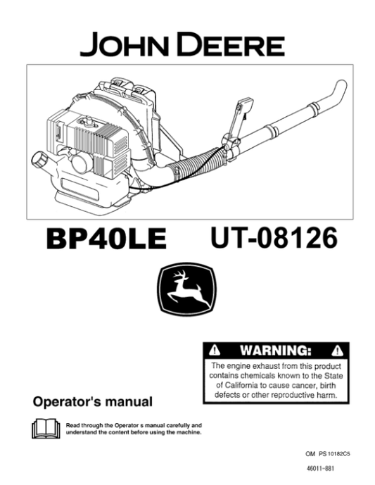 John Deere PB40LE BackPack Blower (UT01826) Operator’s Manual (OMPS10182) Workshop Guide