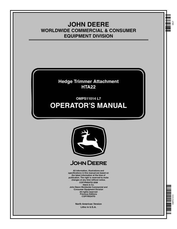 John Deere HTA22 Hedge Trimmer Attachment (002204-) Operator’s Manual (OMPS11014) Workshop Guide