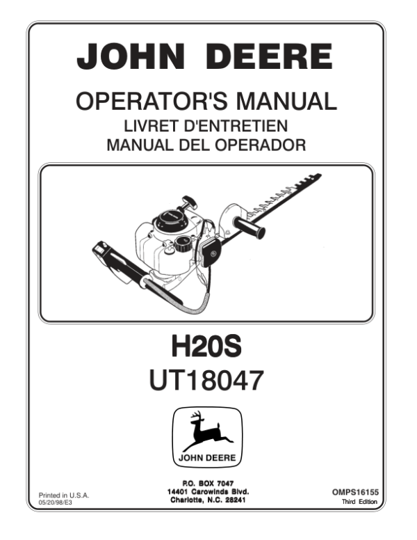 John Deere H20S-Hedge Trimmer (UT18047) Operator’s Manual (OMPS16155) Workshop Guide