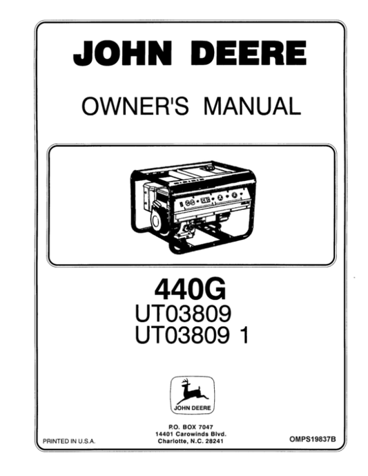 John Deere 440G Generator (UT03809A, UT038091A) Operator’s Manual (OMPS19837B) Workshop Guide