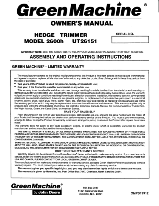 John Deere 2600h Hedge Trimmer Operator’s Manual (OMPS19912) Workshop Guide