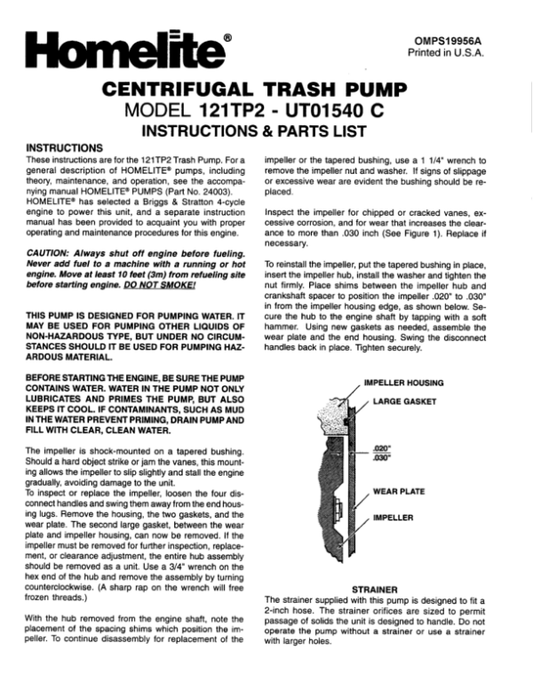 John Deere 121TP2, HTP2 Self Priming Trash Pump Operator’s Manual (OMPS19956A) Workshop Guide