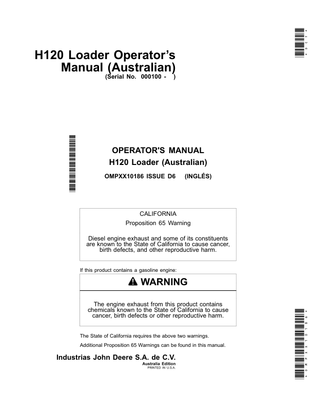 John Deere H120 Loaders Australian Edition (000100-) Operator’s Manual (OMPXX10186) Workshop Guide