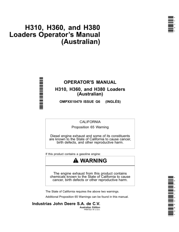 John Deere H310, H360 & H380 Loaders (Australia) Operator’s Manual (OMPXX10479) Workshop Guide