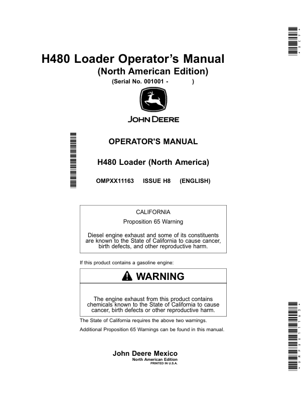 John Deere H480 Loaders Operator’s Manual (OMPXX11163) Workshop Guide