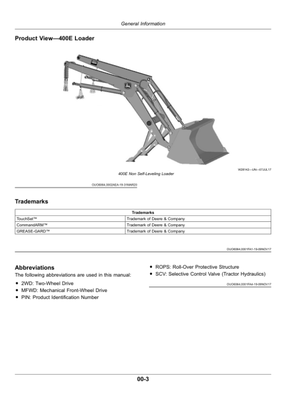 John Deere 300E, 400E Loaders Operator’s Manual (UK Edition) 300E Non Self-Leveling Loader (July 2020-) (UK Export Edition) Operator’s Manual (OMPXX13997) Workshop Guide