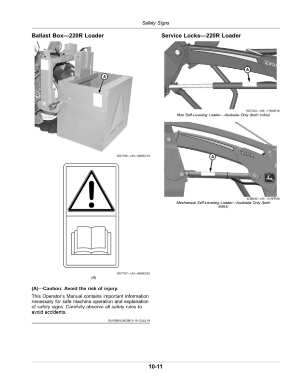 John Deere 120R, 220R Loaders Operator’s Manual (UK Edition) Non Self-Leveling Loaders Manufactured in July 2020, Forward Operator’s Manual (OMPXX16597) Workshop Guide