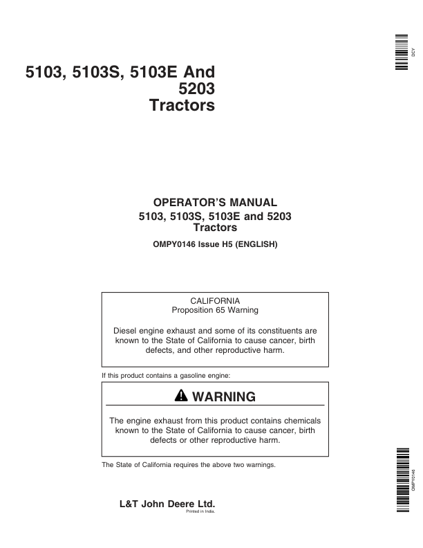 John Deere 5103, 5103S, 5103E, 5203 Tractors Operator’s Manual (OMPY0146) Workshop Guide