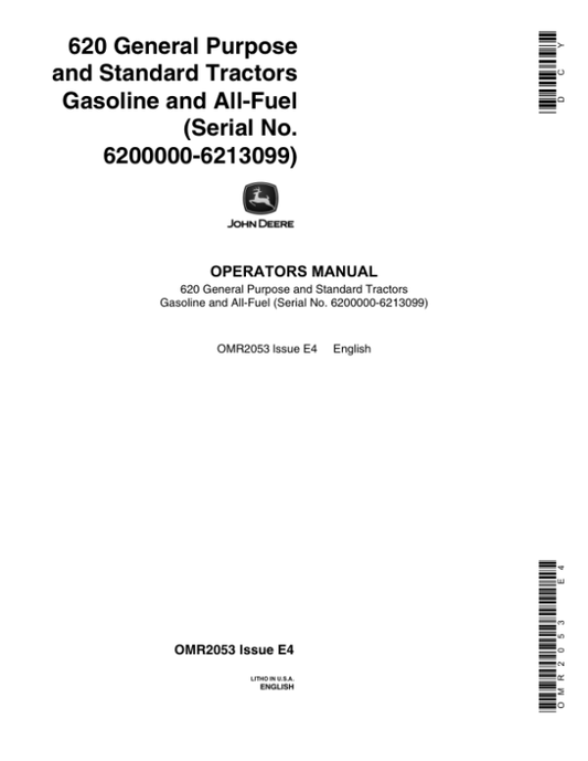 John Deere 620 Utility Tractor – Gas & All Fuel Operator’s Manual (OMR2053) Workshop Guide