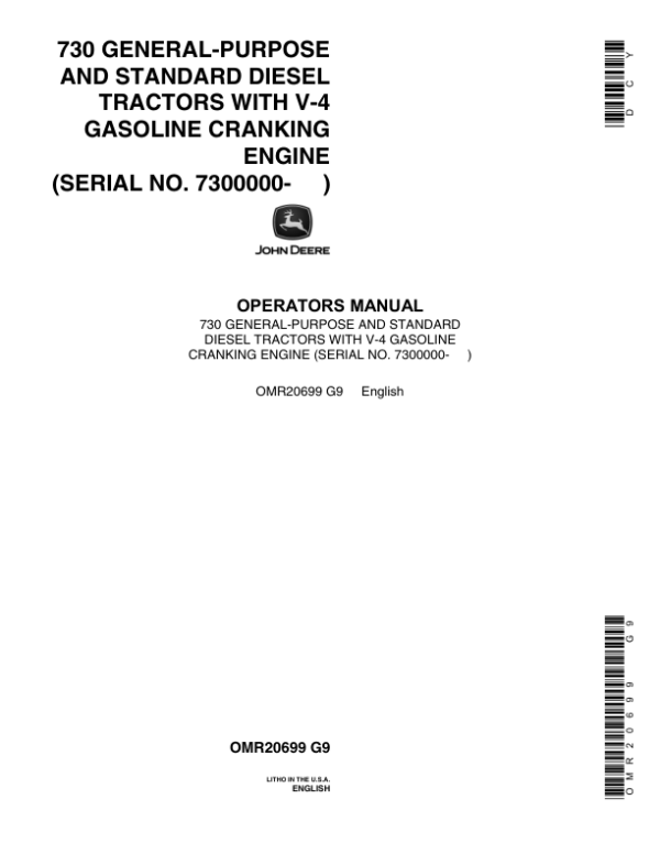 John Deere 730 GP Standard Diesel Tractor Operator’s Manual (OMR20699) Workshop Guide