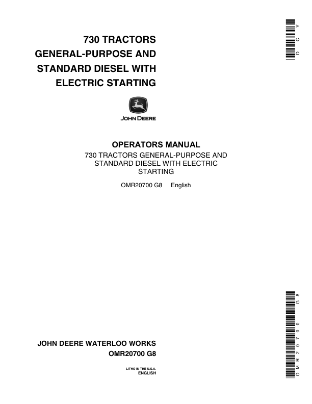 John Deere 730 Utility GP, Standard Diesel Tractor Operator’s Manual (OMR20700) Workshop Guide