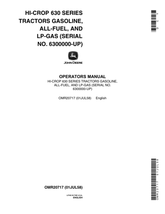 John Deere 630 Utility HI-CropTractor Operator’s Manual (OMR20717) Workshop Guide