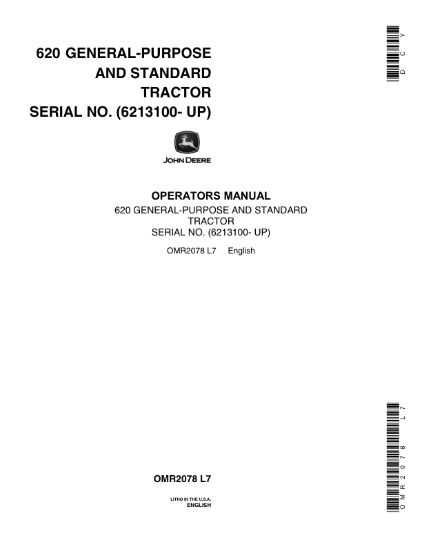 John Deere 620 Utility Tractor, Gas & All Fuel Operator’s Manual (OMR2078) Workshop Guide