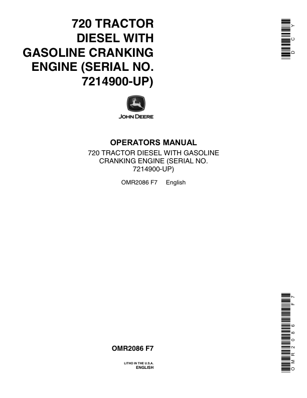 John Deere 720 Utility Tractor, Diesel with Gasoline Cranking Engine Operator’s Manual (OMR2086) Workshop Guide