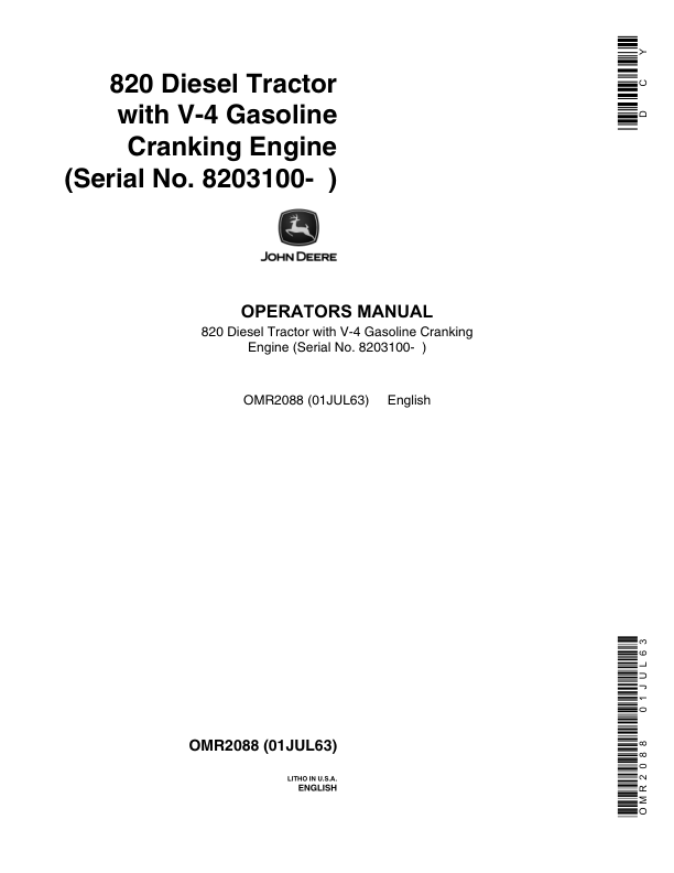 John Deere 820 Utility Tractor, Diesel with Gasoline Cranking Engine Operator’s Manual (OMR2088) Workshop Guide