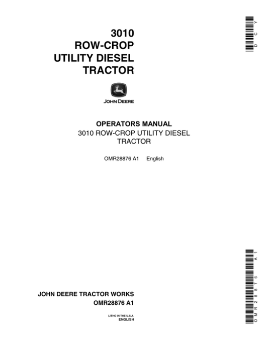 John Deere 3010 Row Crop Utility Diesel Tracor Operator’s Manual (OMR28876) Workshop Guide