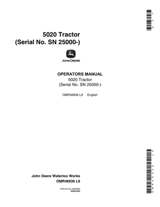 John Deere 5020 Row-Crop Tractor Operator’s Manual (OMR46936) Workshop Guide