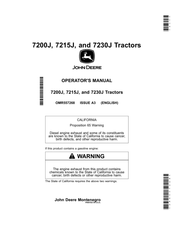 John Deere 7200J, 7215J, 7230J Tractors (Worldwide Edition) Operator’s Manual (OMR557268) Workshop Guide