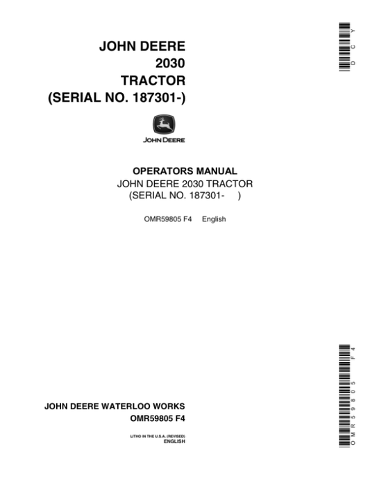 John Deere 2030 Utility Tractor Operator’s Manual (OMR59805) Workshop Guide