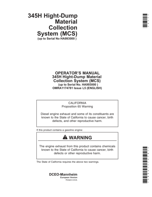 John Deere 345H High Dump Material Collection System Operator’s Manual (OMRA1174781) Workshop Guide