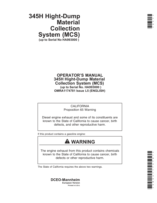 John Deere 345H High Dump Material Collection System Operator’s Manual (OMRA1174781) Workshop Guide