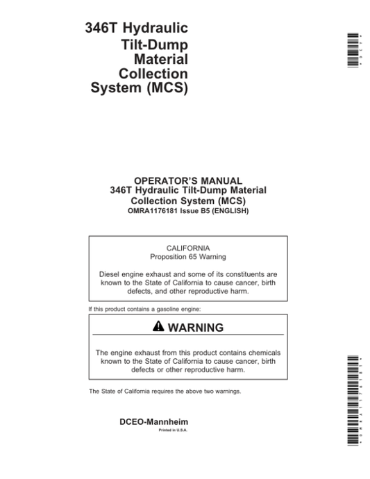 John Deere 346T Material Collection System Operator’s Manual (OMRA1176181) Workshop Guide